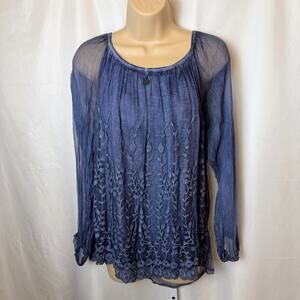 Saks Fifth Avenue Women's S 100% Silk Top Sheer Blue Embroidered Fairycore Italy
